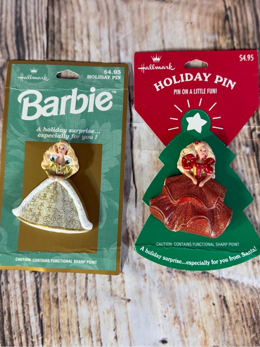 Vintage Hallmark Barbie Holiday Pin Lot of 2 1995 1996 NIP Gold & Red Gowns